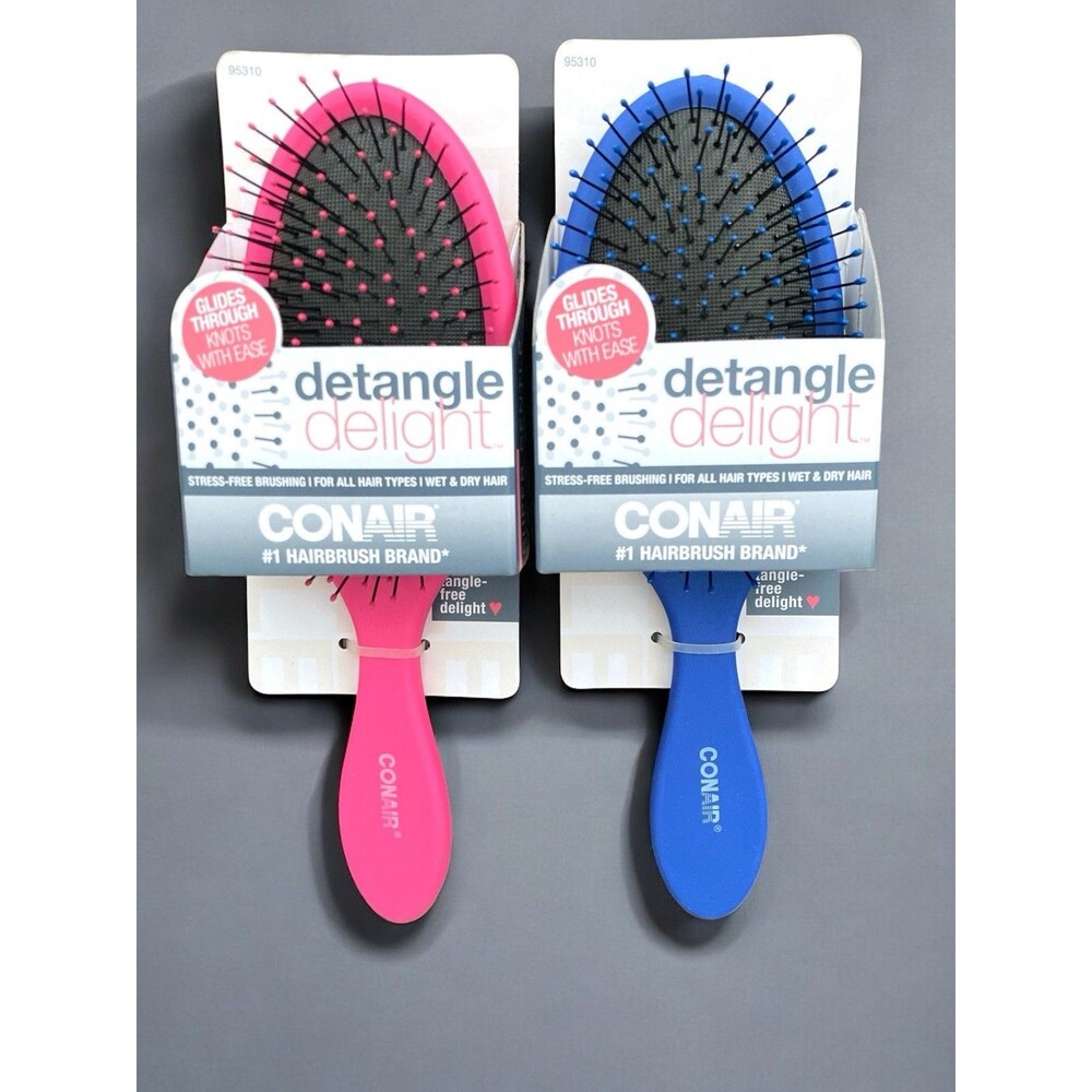 2 CONAIR Detangle Brushes Wet/Dry All Hair Types Flex Bristles Pink Blue